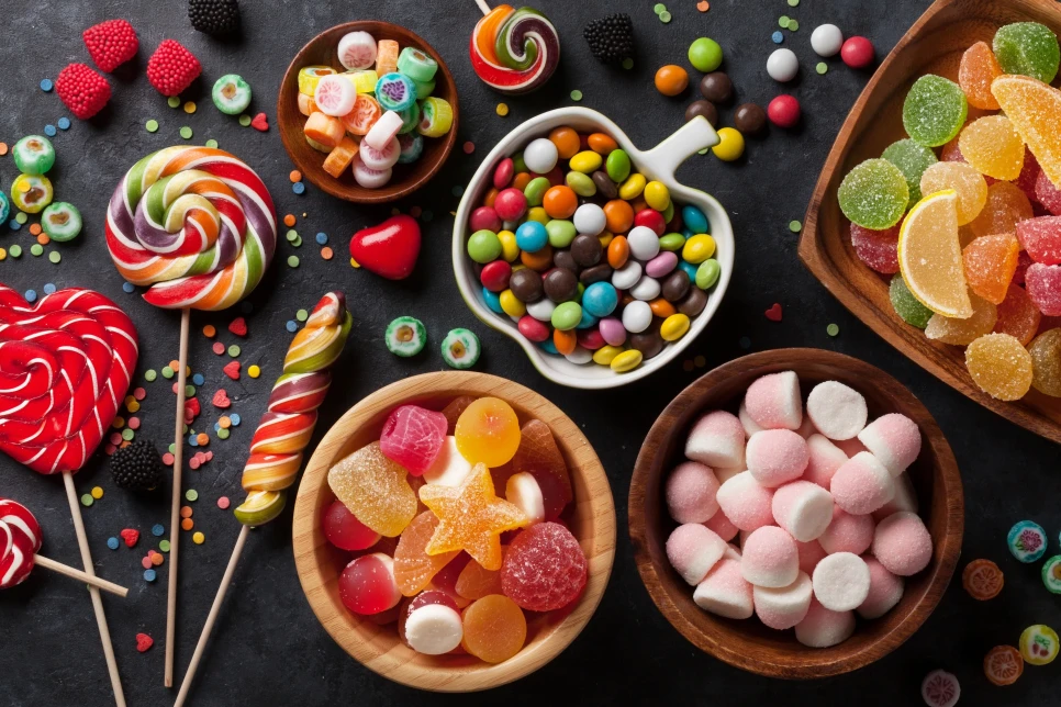 Colorful candies, jelly and marmalade on stone background. Top view